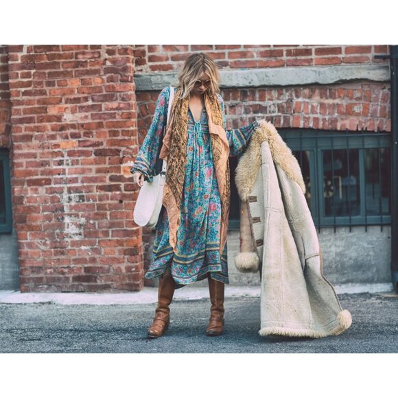 SPELL Folk Town Boho Midi Dress Turquoise Floral Long Sleeve RARE Small - Picture 6 of 16